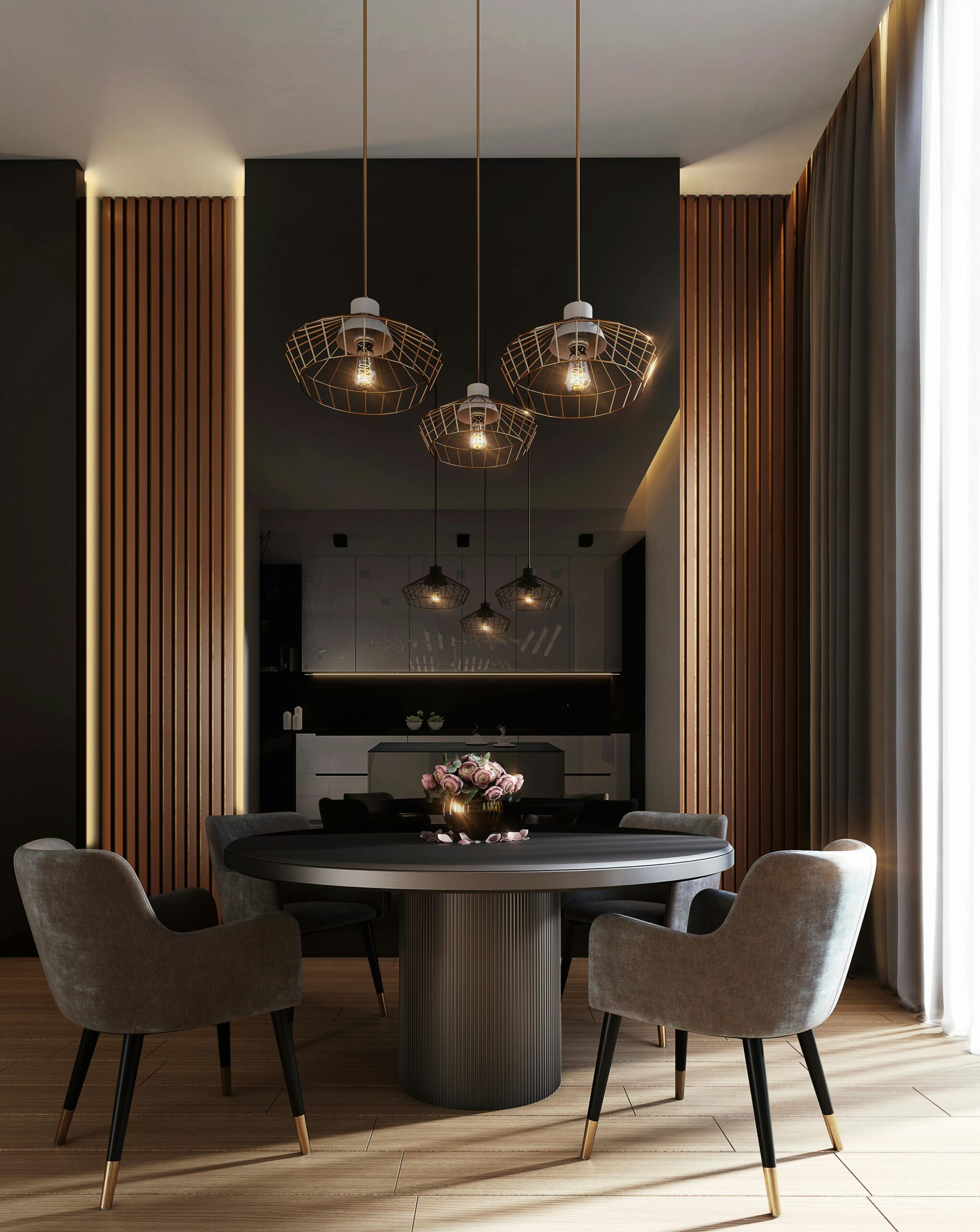 A contemporary dining room featuring elegant wooden paneling complemented by sleek black accents.